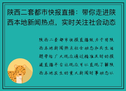 陕西二套都市快报直播：带你走进陕西本地新闻热点，实时关注社会动态与民生话题