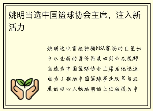 姚明当选中国篮球协会主席，注入新活力
