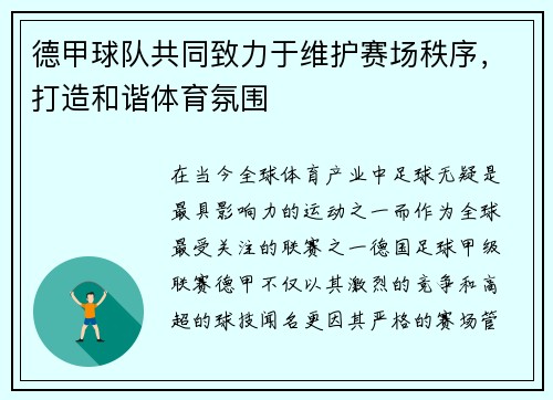 德甲球队共同致力于维护赛场秩序，打造和谐体育氛围